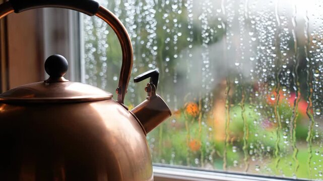 A steaming copper kettle sits on a windowsill on a rainy day.