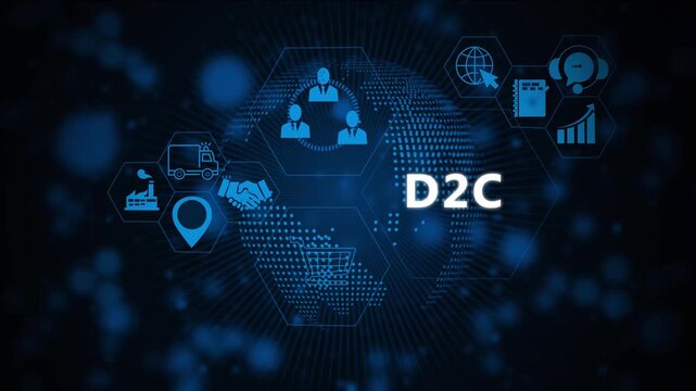 Dynamic d2c direct to consumer business strategy concept featuring animated digital globe interface with connected supply chain logistics and e-commerce marketing symbols for corporate