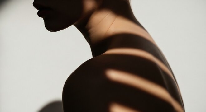 Abstract close up profile view of human shoulder and neck with striking shadow patterns
