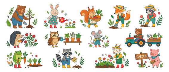 Cute cartoon animals gardening and farming together