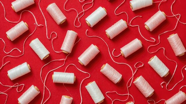 Spools of white and pink thread scattered on a red background, showcasing sewing and textile materials.