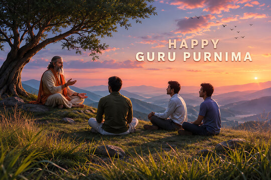 Guru purnima celebration with indian spiritual teacher guiding devoted students at sunset in mountains during peaceful hindu religious festival gathering outdoors together respectfully
