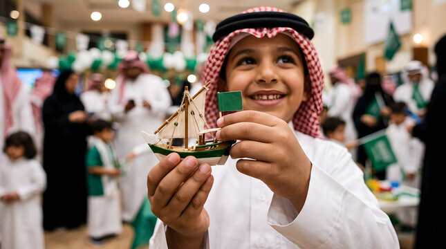 Happy Saudi boy holding model dhow boat during maritime heritage festival with national flags.