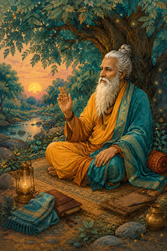 Elderly indian guru teaching beneath ancient tree beside peaceful river at sunset during guru purnima hindu religious festival of wisdom peace and devotion