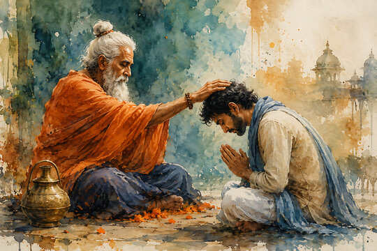 Indian spiritual teacher blessing devoted student in expressive watercolor scene representing guru purnima hindu religious festival gratitude reverence wisdom sacred guidance and blessings