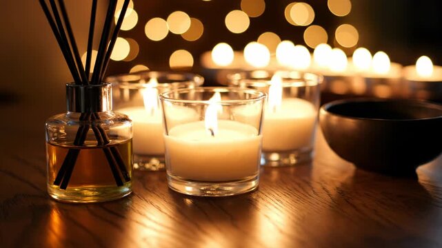 Three lit candles in glass votive holders on a dark wooden table with a reed diffuser bottle and black bowl, featuring warm light and a bokeh background of glowing circular lights.