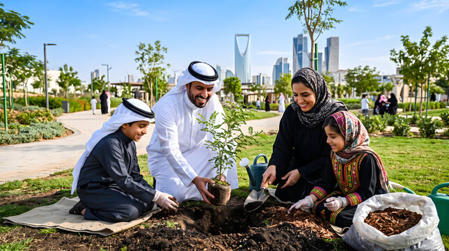Family planting young tree in public park with Riyadh city skyline background.