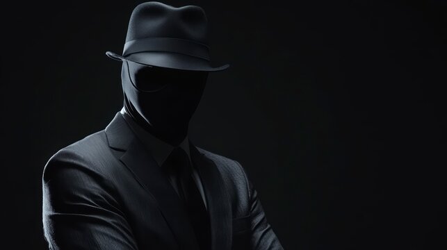Mysterious figure in a suit and hat, face obscured by shadow.
