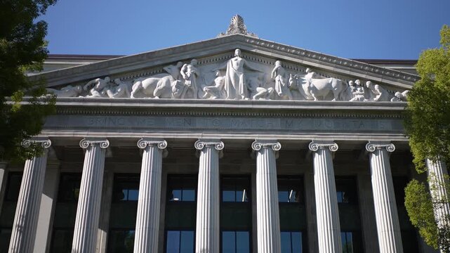 Focus on architectural details of the California State Office Building in Sacramento. Capturing its design and features.