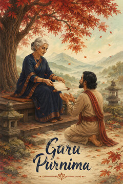 Elderly woman guru presenting sacred scroll to kneeling student beneath autumn tree during guru purnima hindu religious festival celebrating wisdom and spiritual mentorship