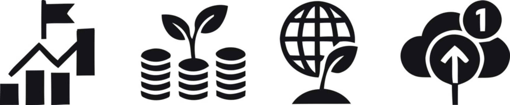 Set of four business and finance icons representing growth investment global sustainability and cloud data management