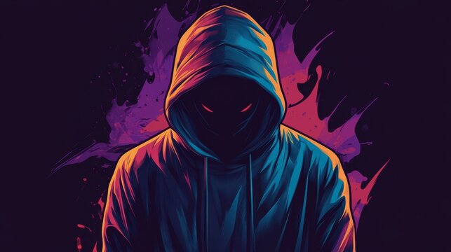 Mysterious hooded figure with glowing red eyes in vibrant color splash background.