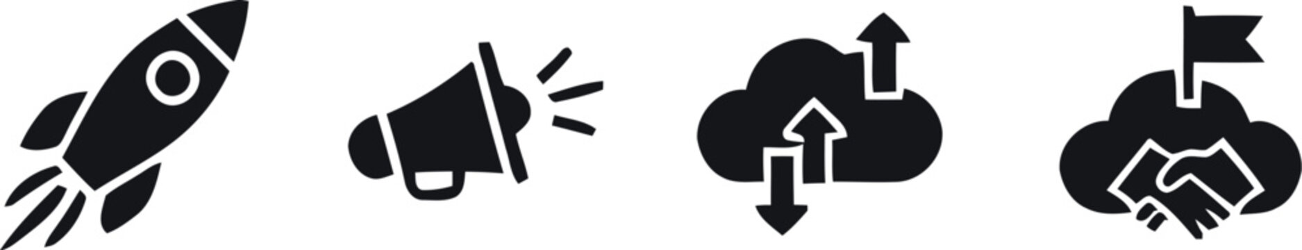 Set of four black business icons featuring a rocket megaphone cloud upload and cloud achievement symbols
