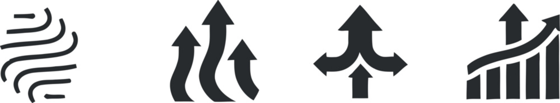Set of four black business icons representing growth strategy development and data analysis on white background