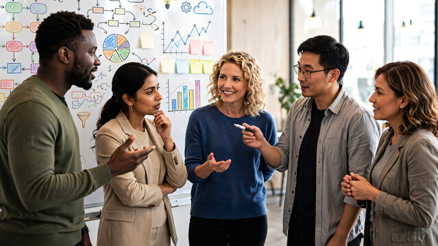 A diverse team of business professionals in casual attire collaborating during a productive meeting in a bright, light-filled modern office. 