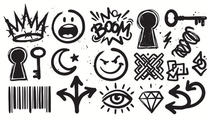 Black ink doodle collection with comic burst surprised face skull moon arrows and playful symbols on white background showing expressive artistic creativity © Abdul Waheed Studio