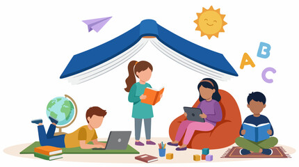 Diverse children learning and reading under a giant open book, education concept