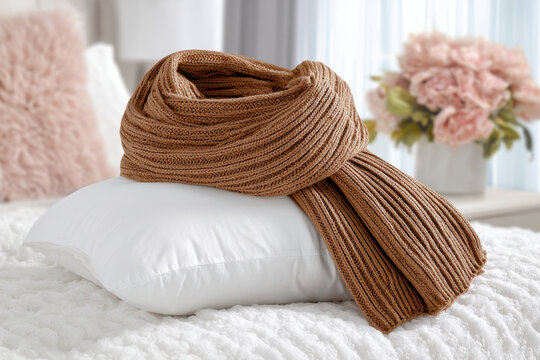 warm cozy scarf elegantly draped over soft white pillow set against backdrop of delicate pastel pink flowers