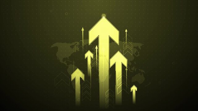 Abstract business growth concept with rising arrows over a world map background animation, Rising arrow progress success and global financial increase.