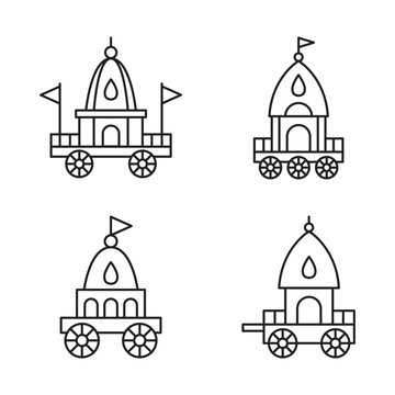 Ratha yatra indian festival chariot outline icons set for traditional holiday