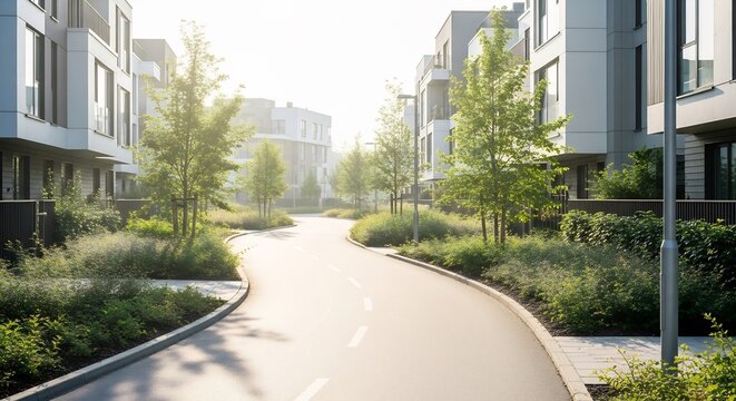 Modern Eco-Friendly Residential Street with Lush Greenery and Sunlight.