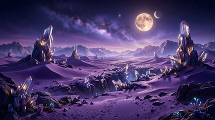 Fototapeta premium Alien planet desert landscape with giant crystals under double moons