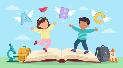 Happy children jumping on open book with flying letters and school items