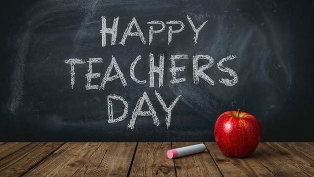 Happy teachers day written on a chalkboard with an apple and chalk on a wooden surface.
