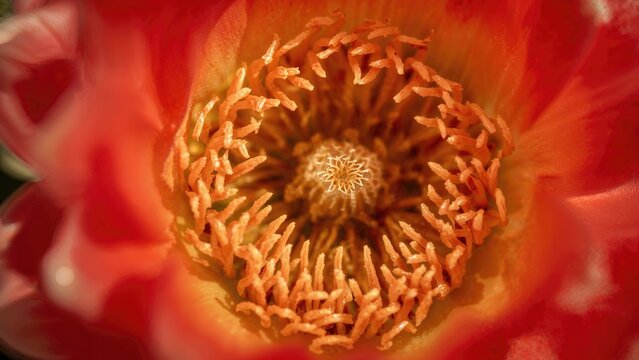 Close-up of a vibrant flower's center with detailed stamens and pistil. Bright orange petals surround the reproductive parts.