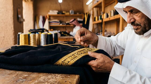 Saudi man in traditional thobe and ghutra, hand-stitching gold embroidery onto black bisht in workshop.
