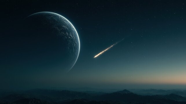 Mountain Silhouette Twilight Sky Stars Rocky Planet Meteor Trail Alien Wilderness Teal Landscape View