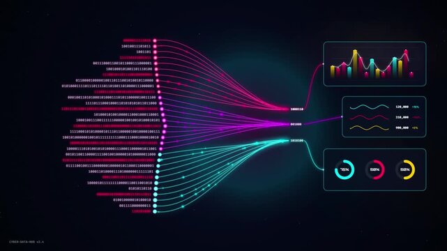 Big Data Flow and Artificial Intelligence Concept with Binary Numbers, Flowing Neon Waves, Bar Chart, and Metric HUD Analytics