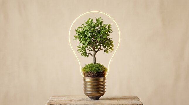 Small green tree growing inside glowing light bulb outline on wooden surface indoors daytime inspiring for renewable energy green technology concept