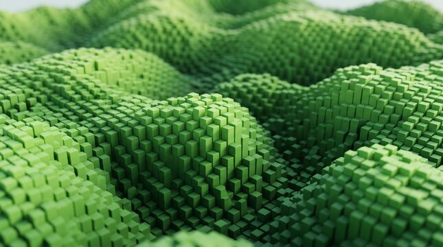 3D render green voxel blocks forming wavy landscape pattern studio bright inspiring for digital geometry data technology concept