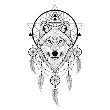 Intricate wolf head dreamcatcher tattoo design on white.