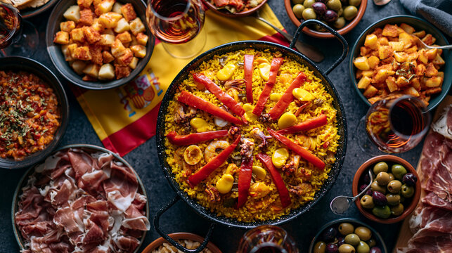 Spanish Paella with Red Peppers and Seafood Tapas