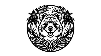 Obraz premium Quokka face in tropical leaves.