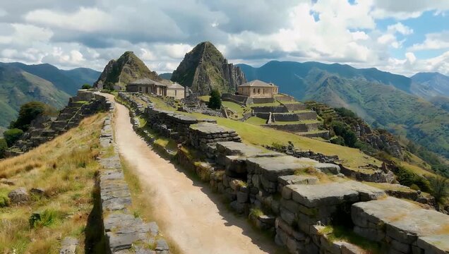Smooth panning 4K travel footage tracking an ancient stone Incan highway passing near Kusilluchayoc the Temple of the Moon archeological site in Cusco Peru