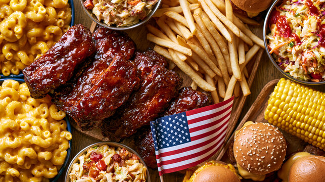 American BBQ Ribs with Classic Sides and Flag