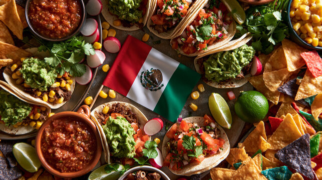 Mexican Food Spread with Flag and Traditional Dishes