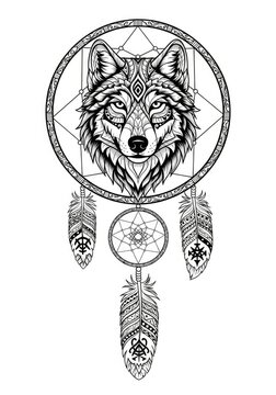 Intricate wolf head dreamcatcher with feathers and sacred geometry
