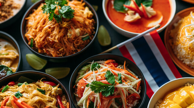 Thai Cuisine Spread with Noodles and Soup Bowls