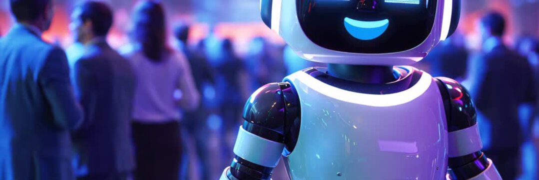 Friendly AI humanoid robot standing among visitors at technology exhibition, animated website banner background video with copy space