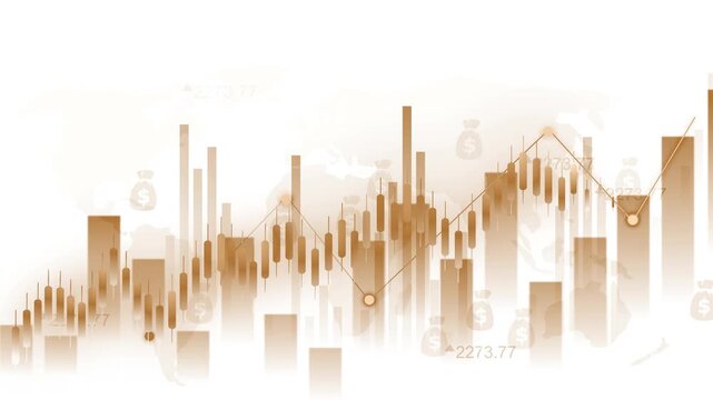 Financial chart with candlesticks and bar graph over a world map background animation