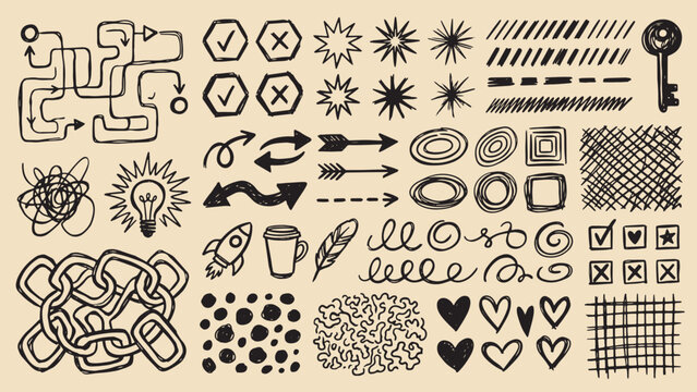 Hand-drawn doodle sketch collection with arrows stars hearts rockets coffee cup key light bulbs and abstract creative symbols on beige background