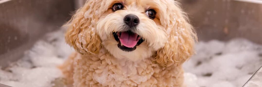 Happy fluffy dog bathing in white foam and bubbles, animated pet grooming website banner background video