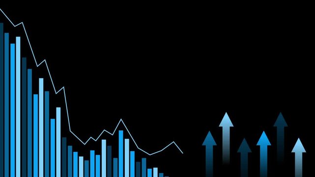 Falling bar chart with a downward line and rising arrows animation, Business chart with rising arrows decline