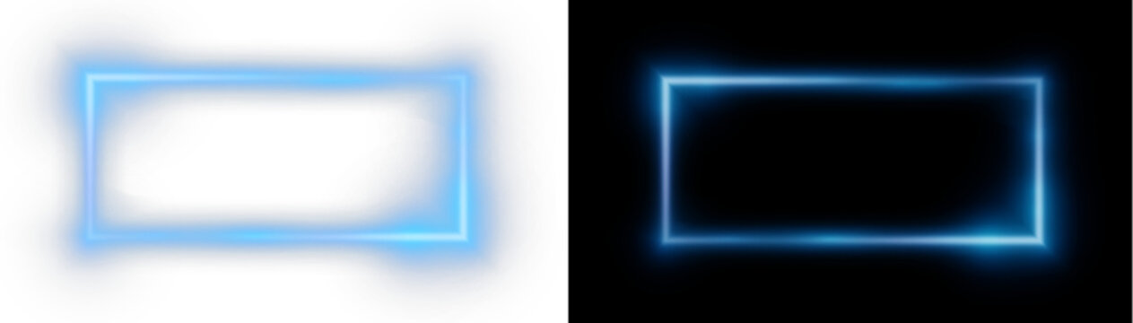 Neon blue rectangular glowing frames set isolated on black and white background