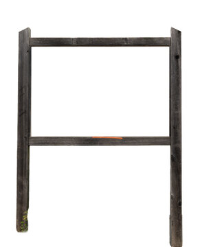 Empty rustic weathered wooden sign frame isolated on white background