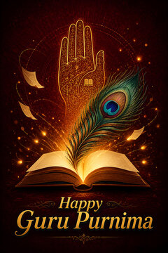 Guru purnima symbolic artwork with glowing sacred book peacock feather and blessing hand celebrating knowledge during mystical hindu religious festival observance of teachers